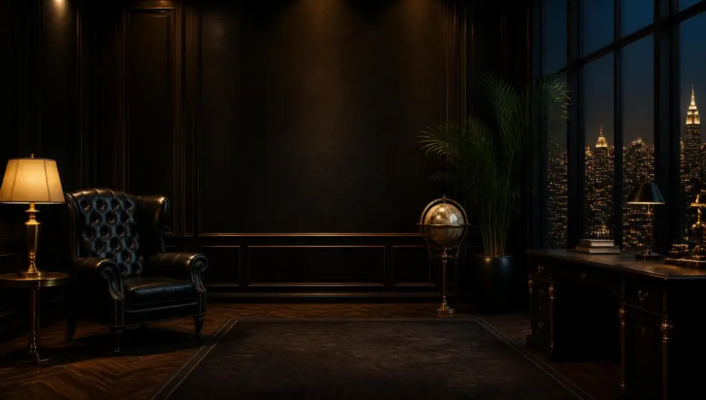 Dark luxury study with a night city skyline